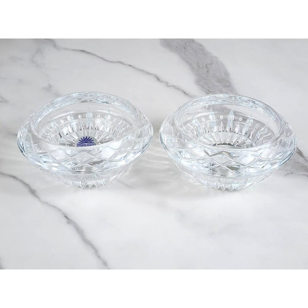 Princess House Candle Holder 4 1/2" Highlights Clear Lead Crystal Reversible x2